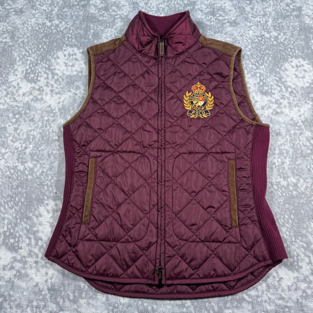 Polo Ralph Lauren Quilted Vest Womens Medium Burgundy Crest Equestrian Zip Up